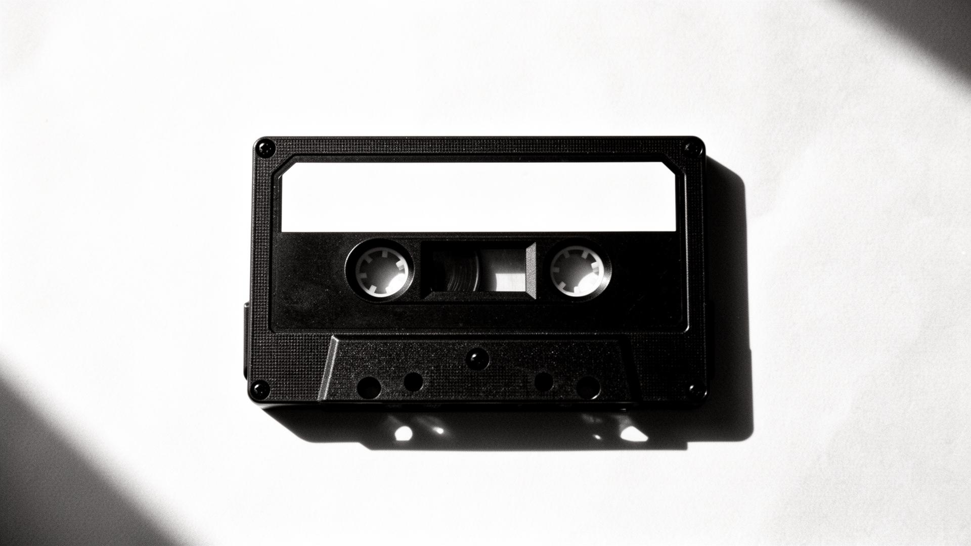 Black cassette tape on off-white paper, shot in high-contrast film grain.